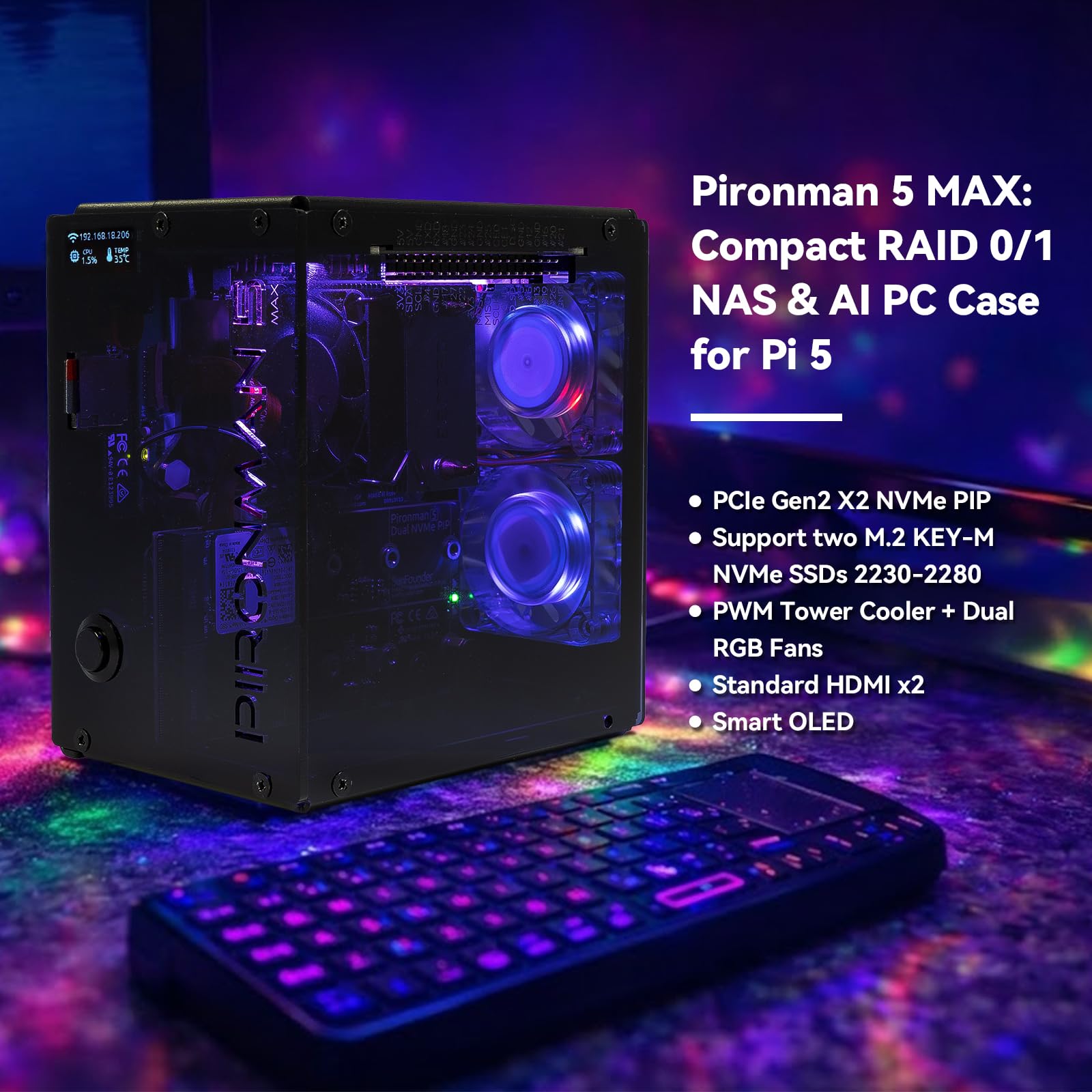 Pironman 5-MAX Dual NVMe M.2 S - Raspberry Pi Ai Kit Hailo-8L 评论和价格